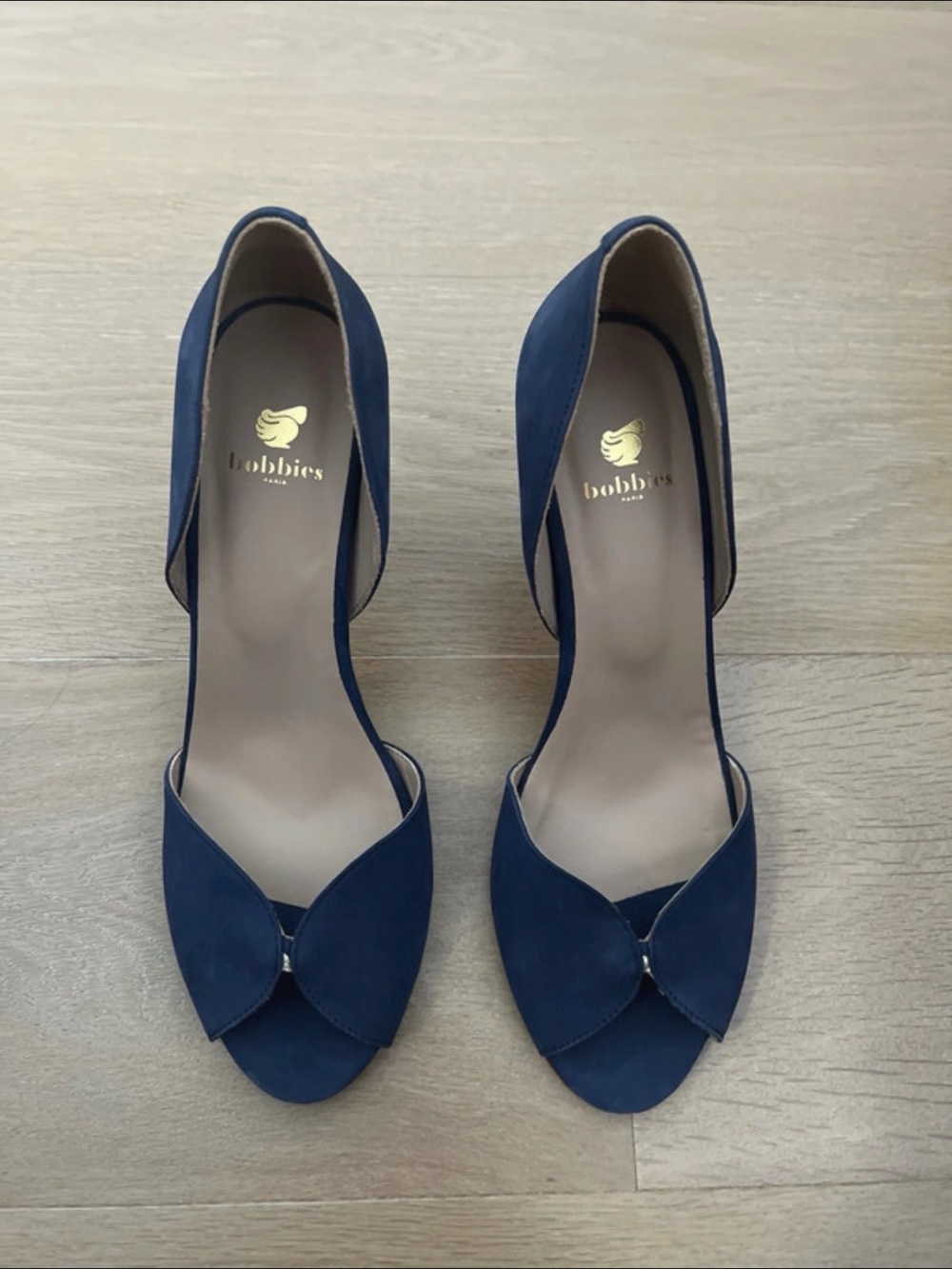 Bobbies Paris Navy Suede Open-Toe Heels